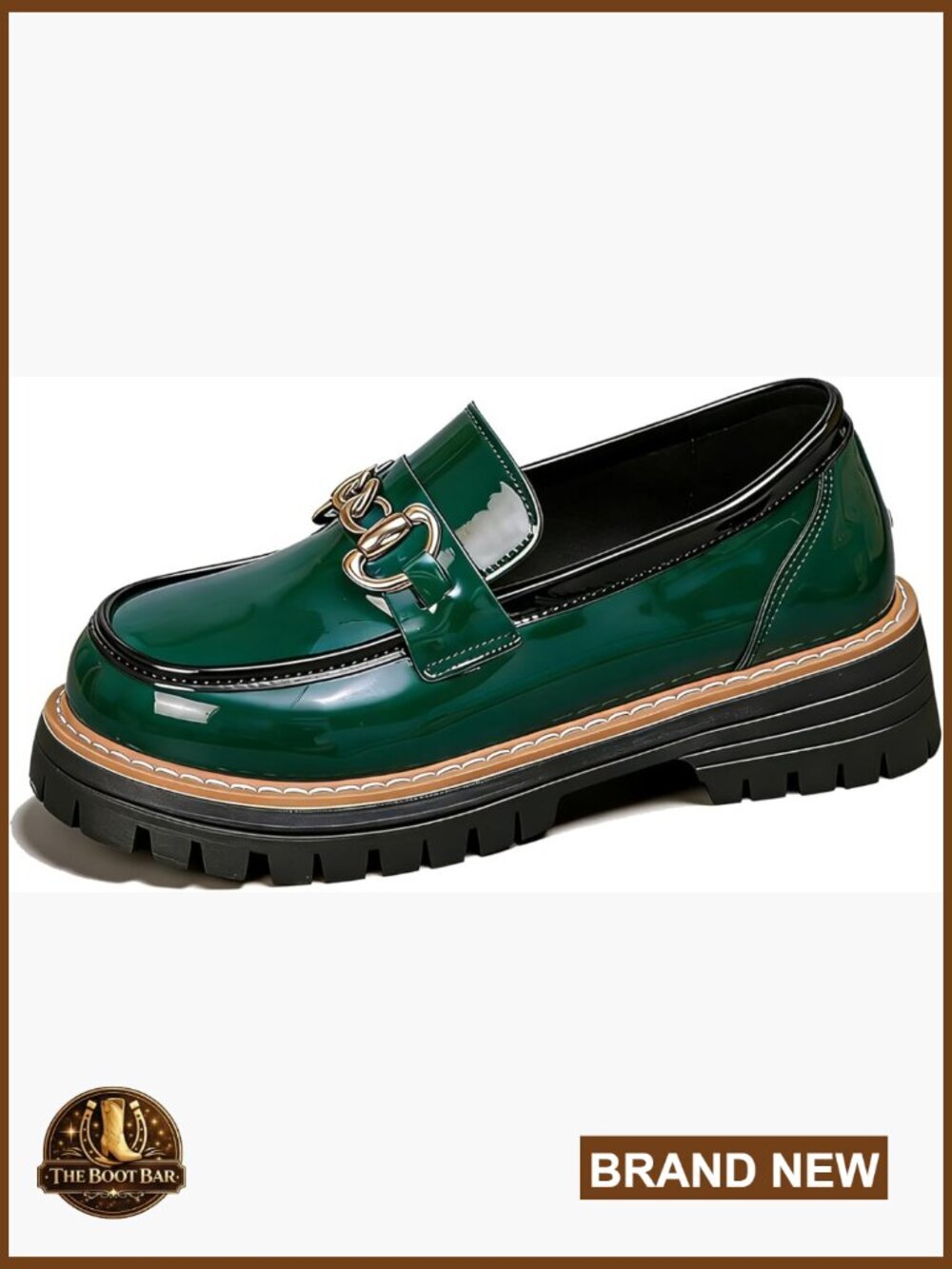 Chunky Heel Patent Leather Loafers Women Round Toe Lug Sole Platform Slip On